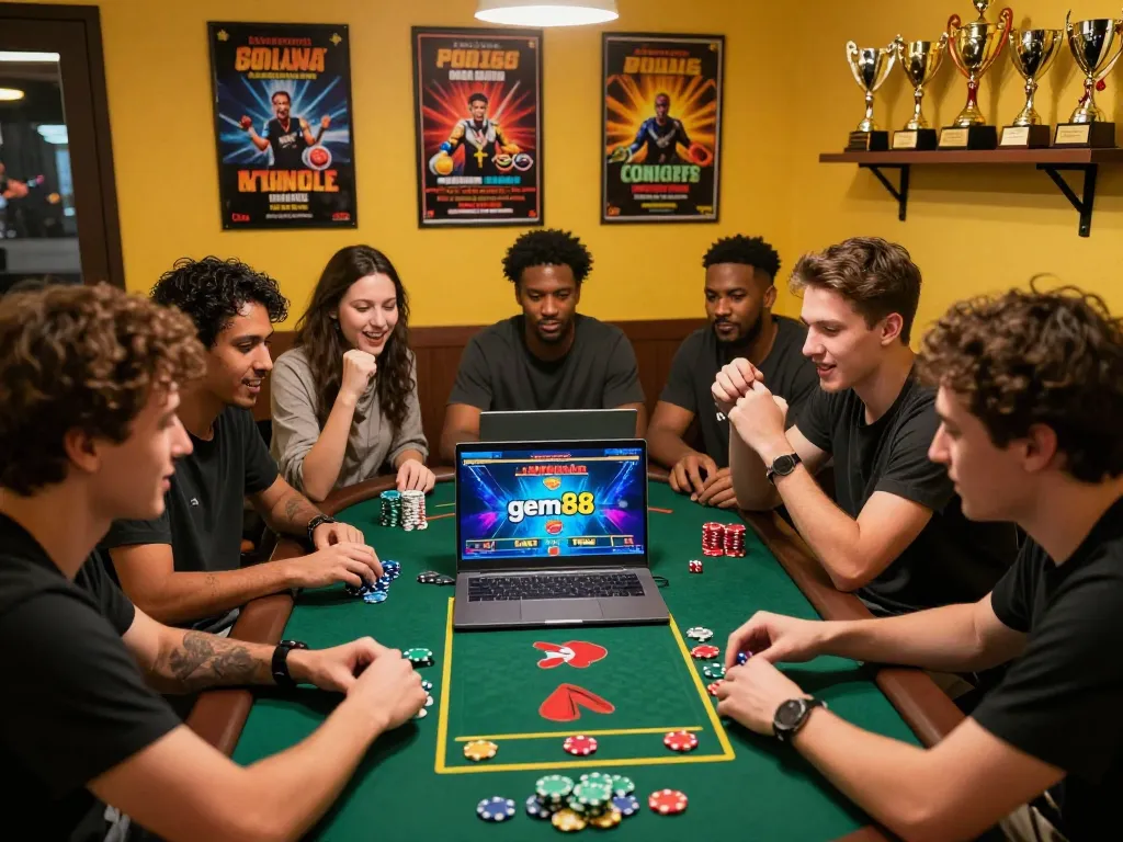 Friends enjoying a thrilling live casino game from gem88 in a lively room filled with gaming accessories.