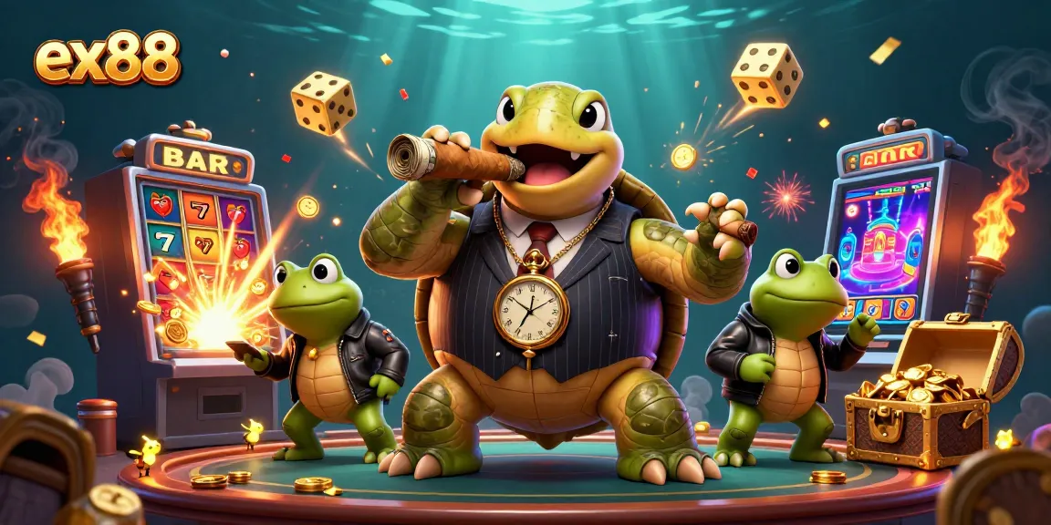 Win big with ex88 casino excitement featuring a vibrant turtle and frog enforcers.