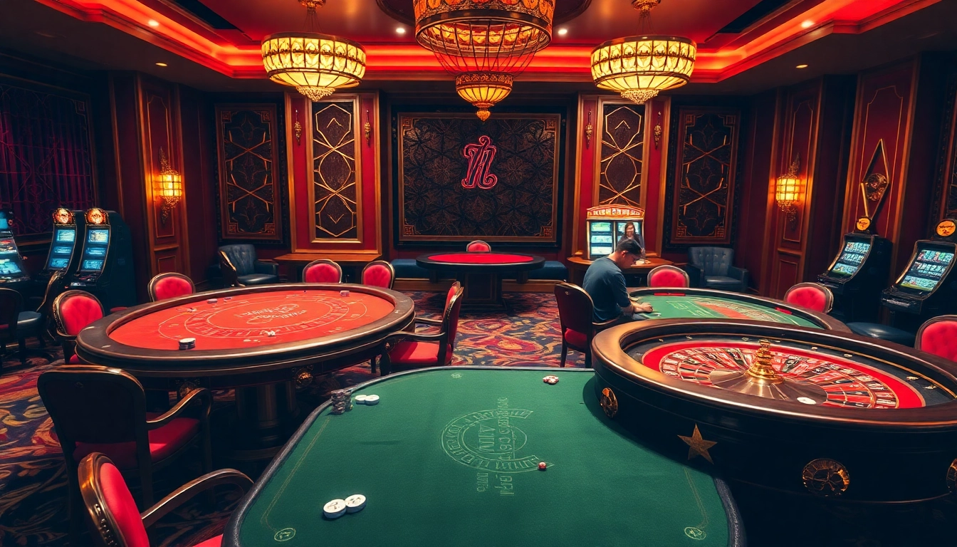 A vibrant casino scene showcasing players at blackjack and roulette tables, highlighting the nohu90 gaming experience.