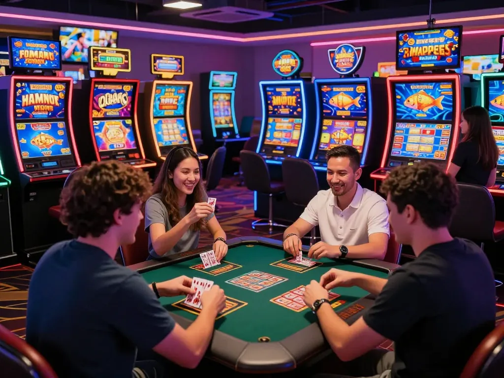 Sunwin gaming scene with diverse players enjoying casino games and vibrant atmosphere