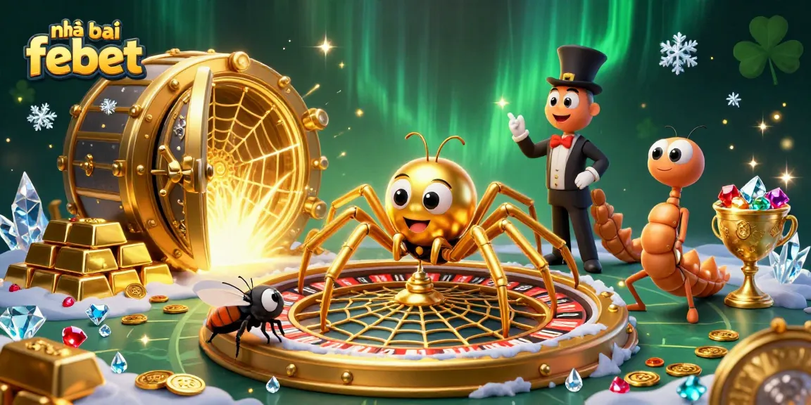 Place bets at nhà cái febet while a golden spider spins a roulette wheel web.