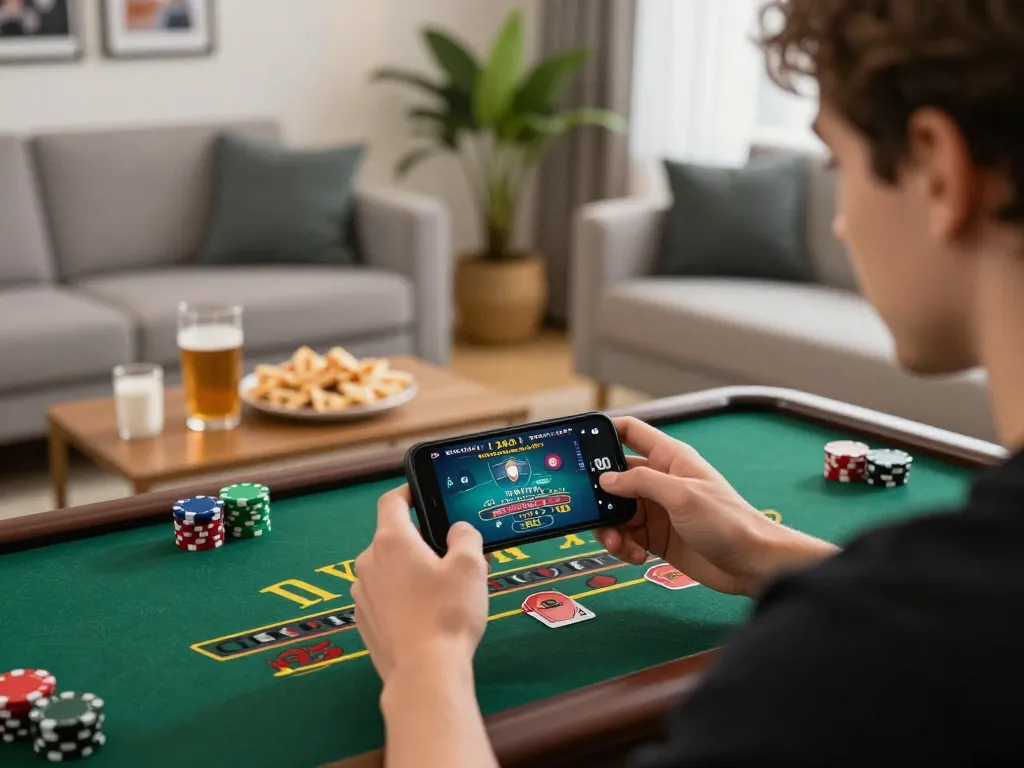 Player enjoying mobile gaming on 58wiin while engaging with live dealer blackjack in cozy home