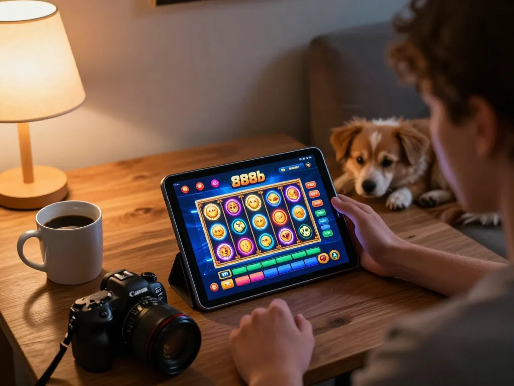 Person engaging with the 888b casino app in a cozy home setting, promoting responsible gambling.