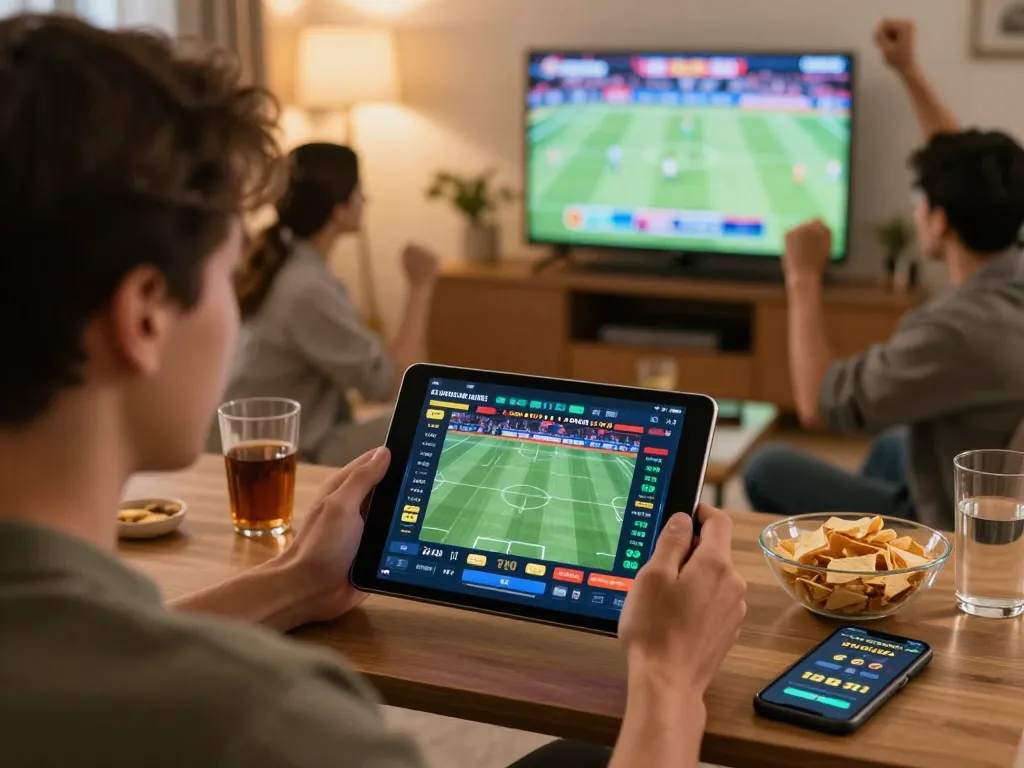Betting on sports passionately with Tin88, engaging with live action on tablet in a vibrant home setting