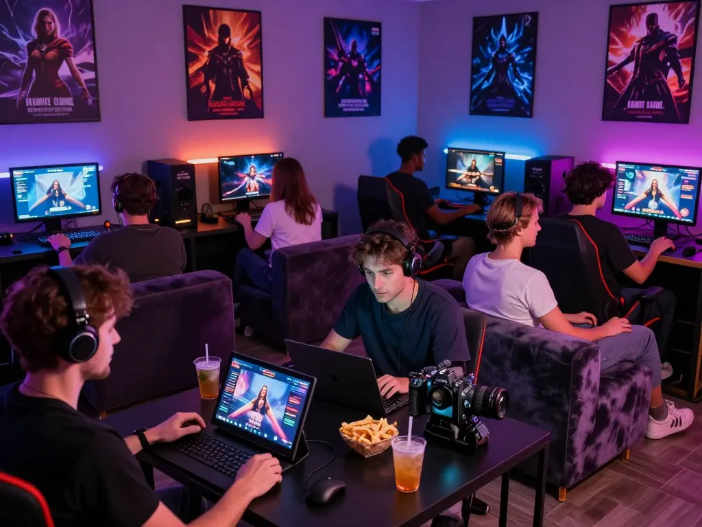 Engaged players enjoying porn games in a vibrant gaming lounge with colorful lights.
