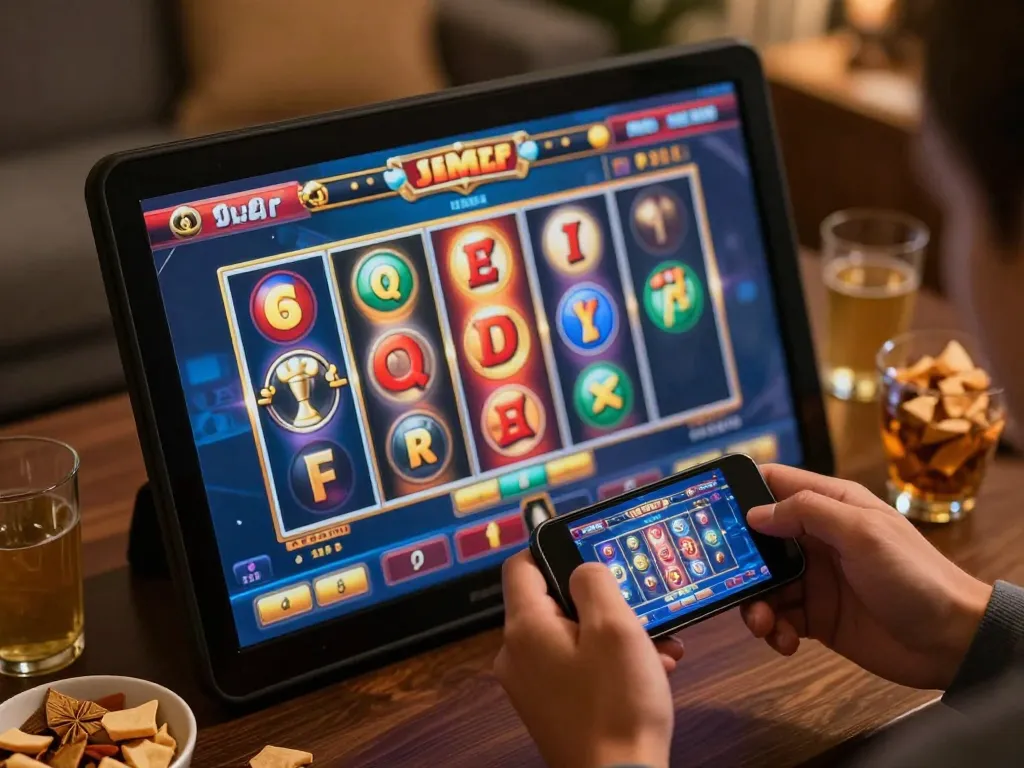 Engaging okfun online casino game interface showcasing colorful slot win in cozy home setting