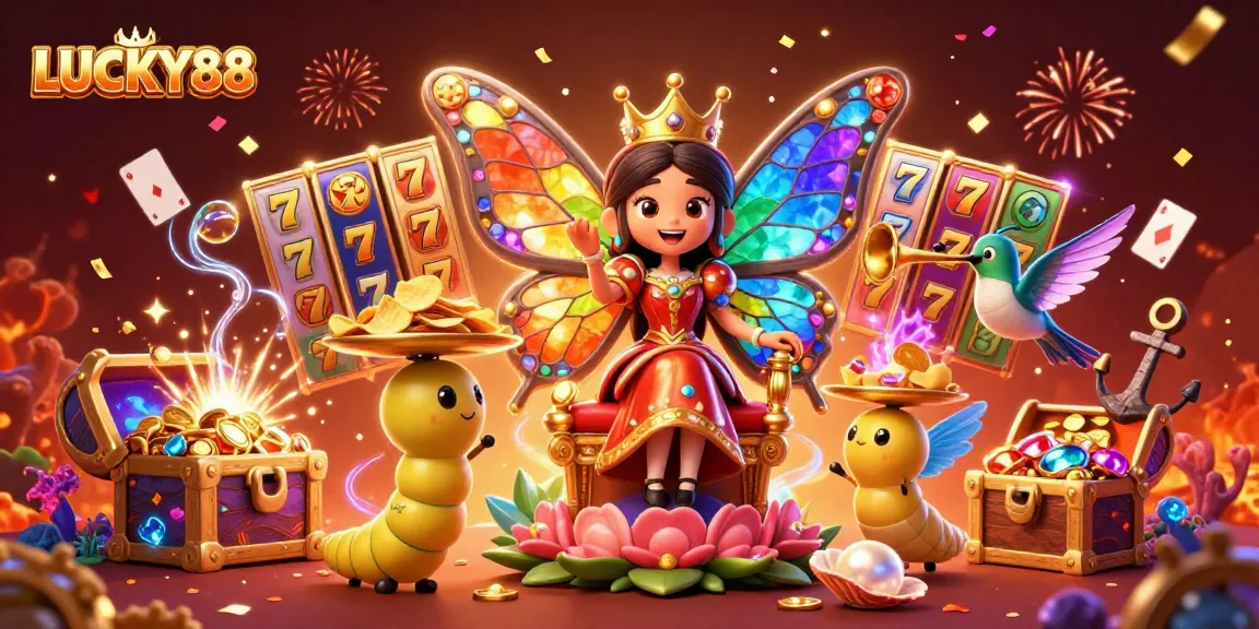 Experience the excitement of LUCKY88 with colorful slot reels and vibrant casino elements in this rich scene.