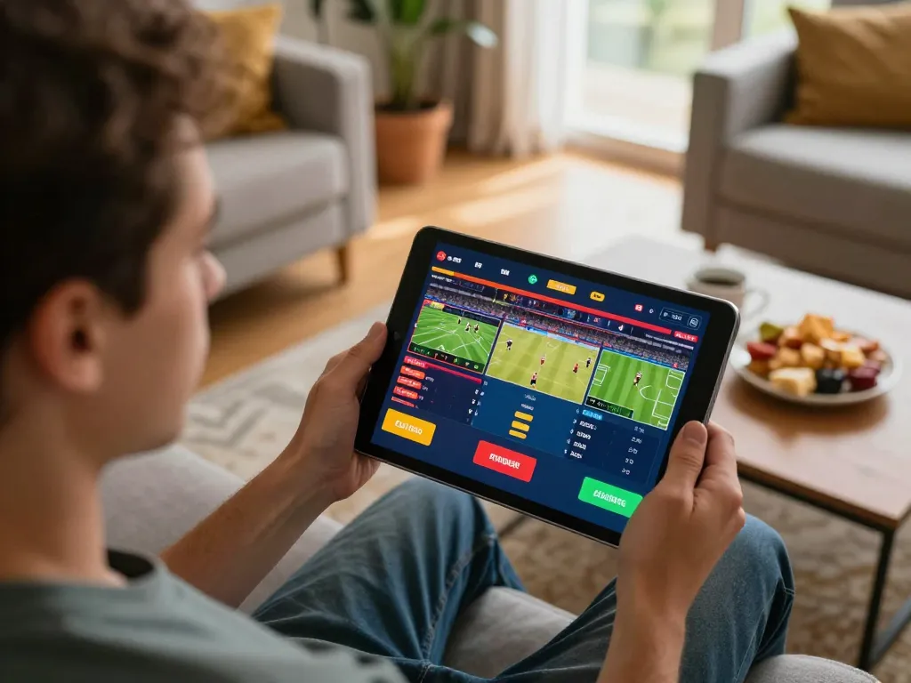 Kuwin user engaging in sports betting on a tablet, portraying a vibrant home atmosphere with focused excitement.
