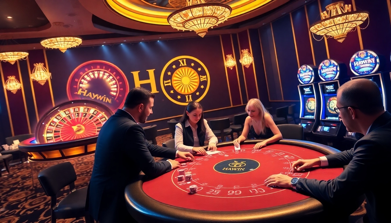 Players enjoying poker at Haywin casino with vibrant tables and bright slot machines.