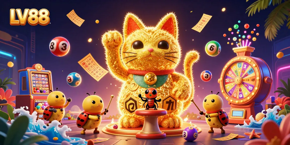 Experience the excitement of LV88 with a vibrant casino illustration showcasing a lucky cat and dynamic game elements.