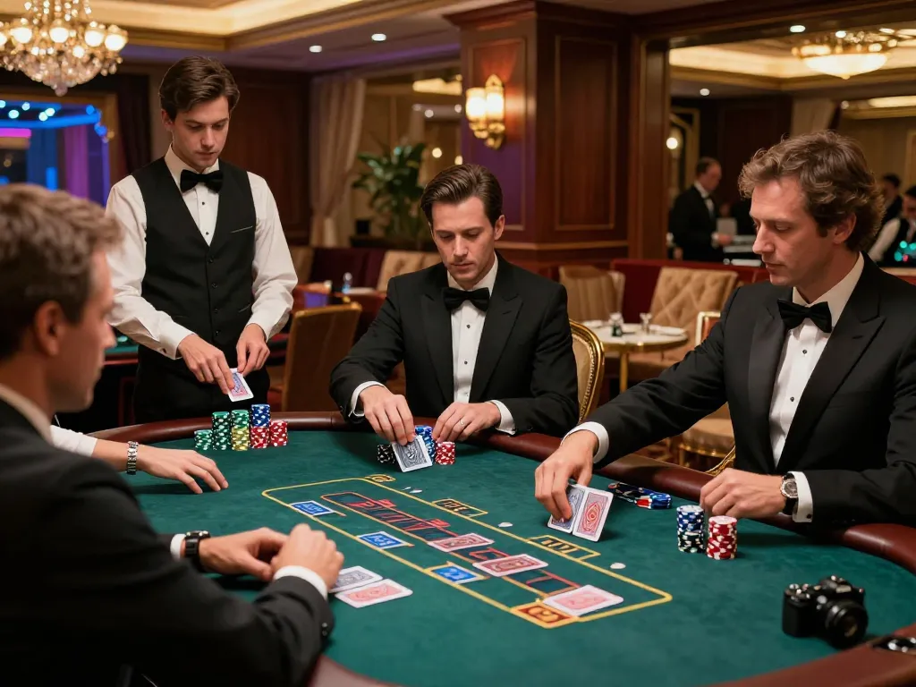 ONE88 players engaged at blackjack, showcasing high-stakes action in an elegant casino.