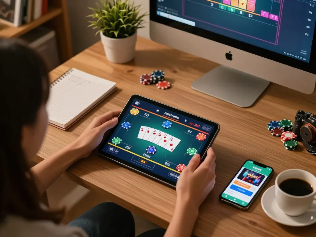 Engaging poker gameplay on tablet showcasing FLY88 strategies in a cozy, home office setting.