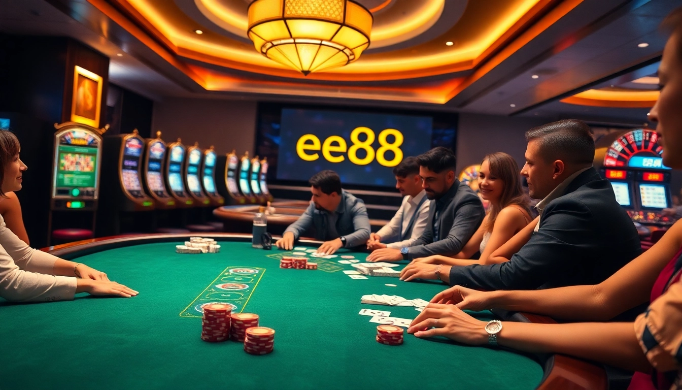 Exciting gameplay at ee88 casino with poker chips and vibrant slot machines.