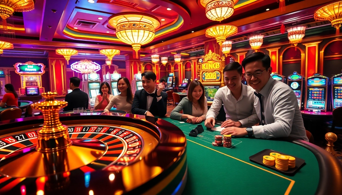 King88 players enjoying a festive casino experience with vibrant slot machines and roulette.