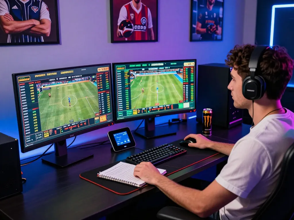 Gamer engaging with bl555 platform, surrounded by betting screens and sports memorabilia.