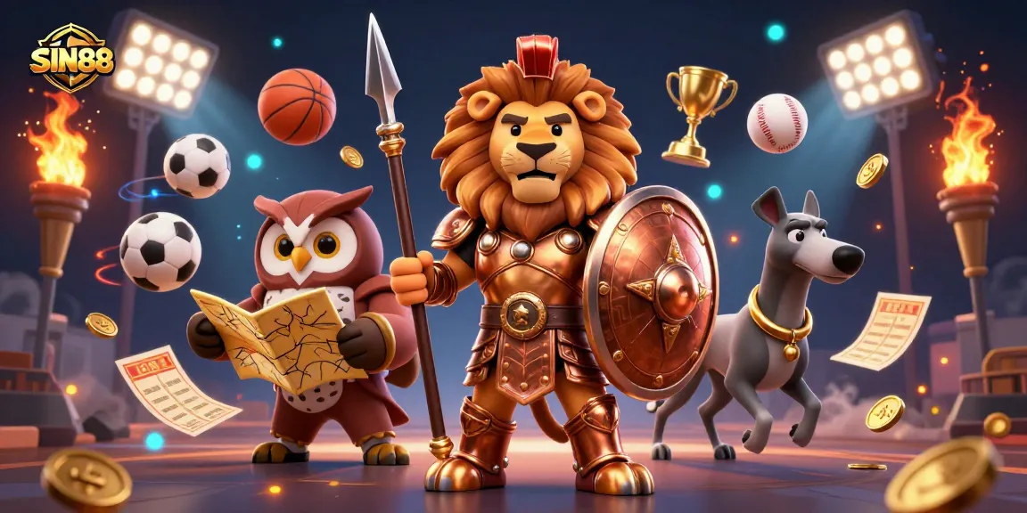 SIN88 showcases thrilling sports betting action with a Spartan lion, owl, and greyhound amidst dynamic sports elements.