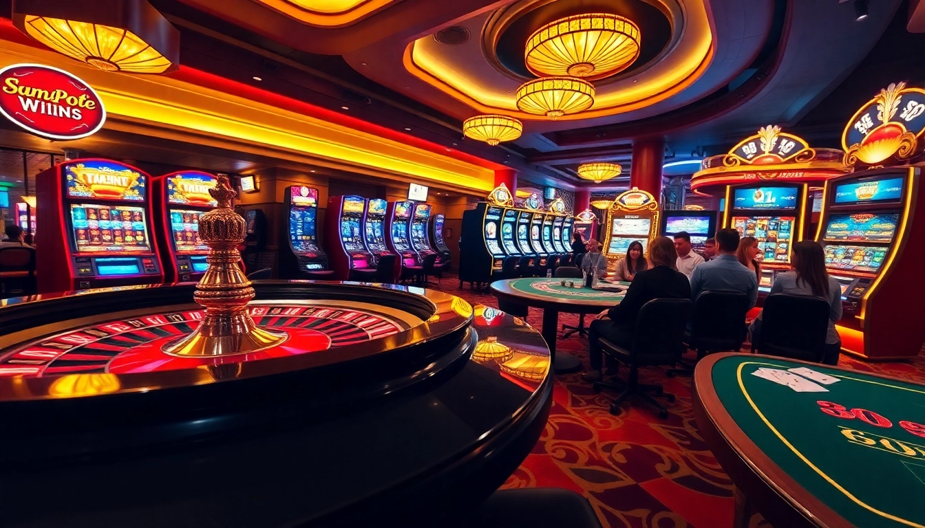 Tỷ lệ nhà cái displayed on a vibrant casino scene with roulette, blackjack, and slot machines.