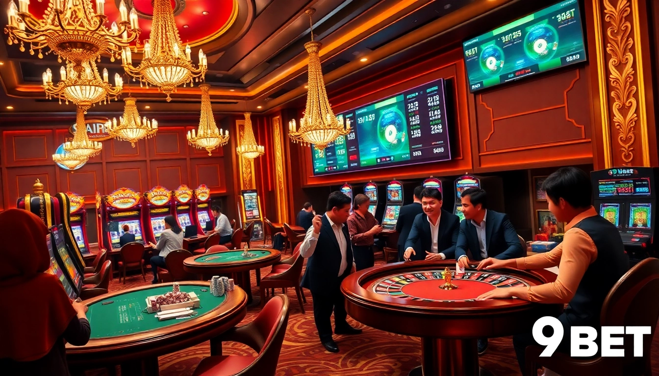 Experience the thrill of winning at 9BET with vibrant casino tables and eager players.