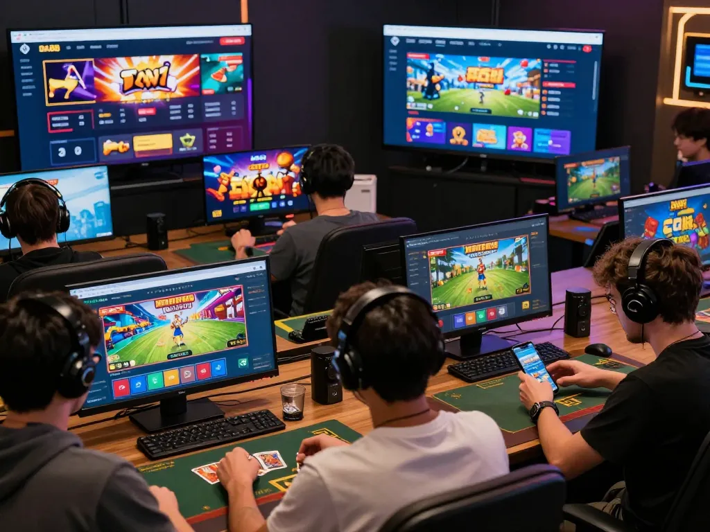 Engaging scene of diverse players enjoying various games on nhà cái DA88 platform, highlighting dynamic online gaming experience.