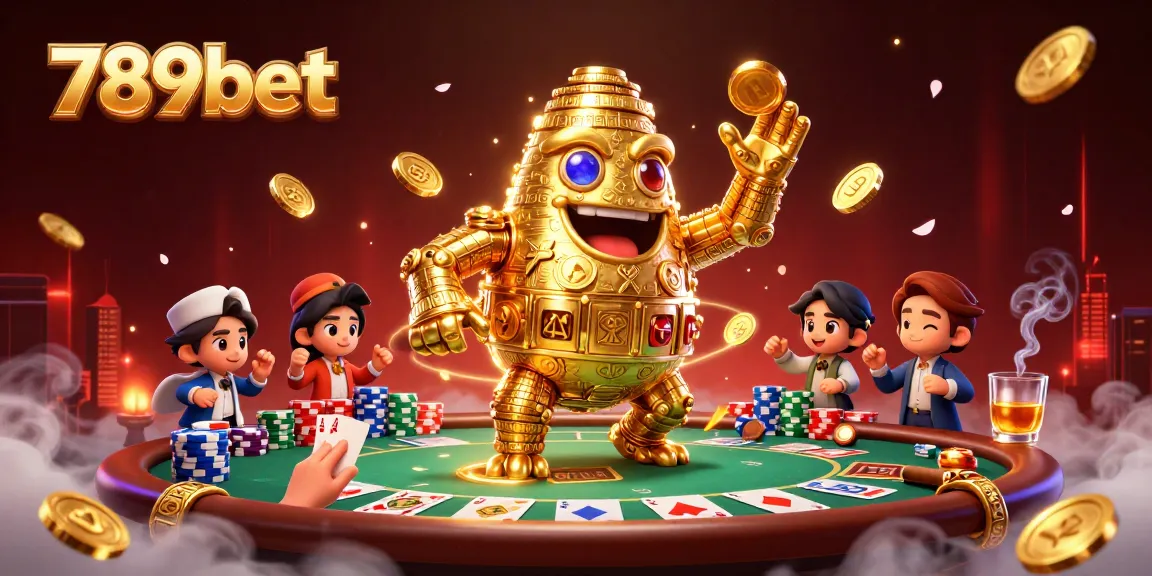 Experience thrilling 789bet action with a dynamic casino scene featuring an ancient golem and poker elements.