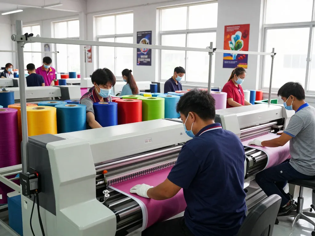 Sunwin textile manufacturing team collaborating in a vibrant workspace with colorful fabrics and advanced machinery.