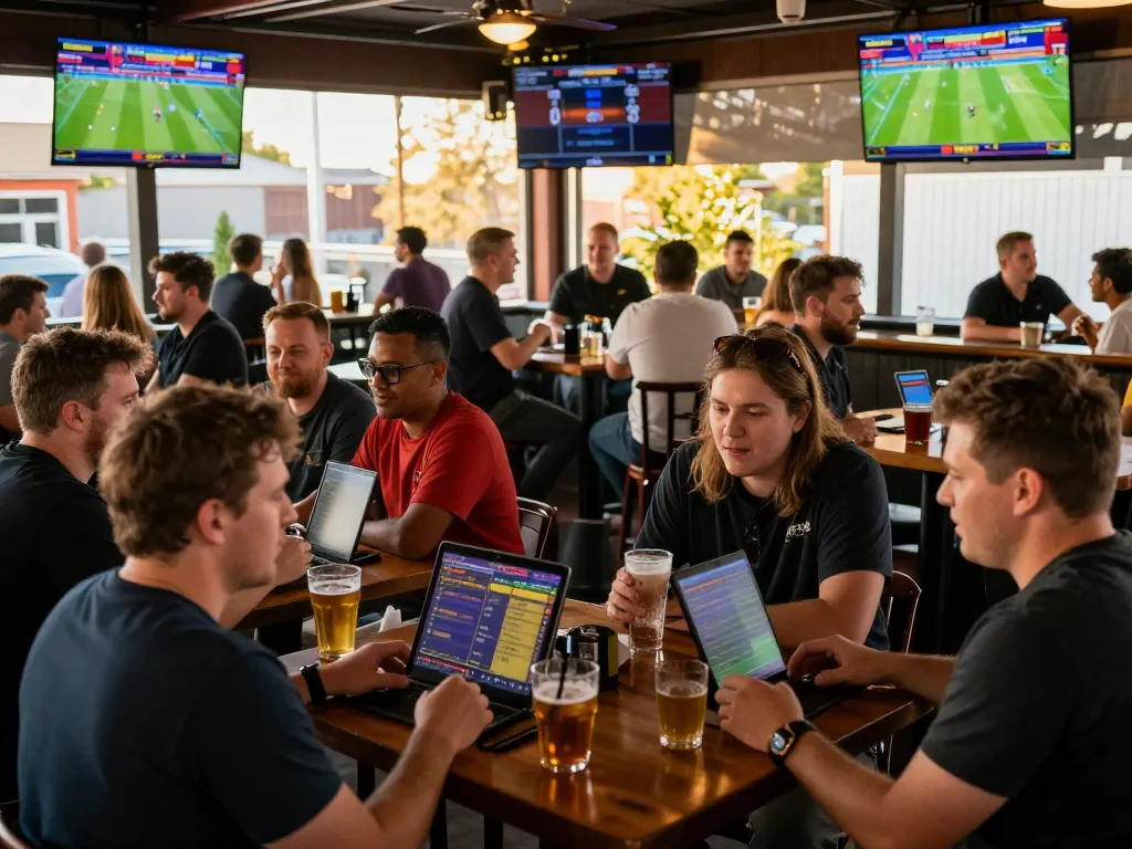 Betting excitement at 789win1 as sports fans wager on multiple screens in vibrant bar setting
