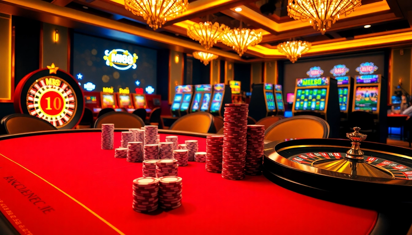 Engaging players at M88 poker table amid exciting casino atmosphere with chips and slots.