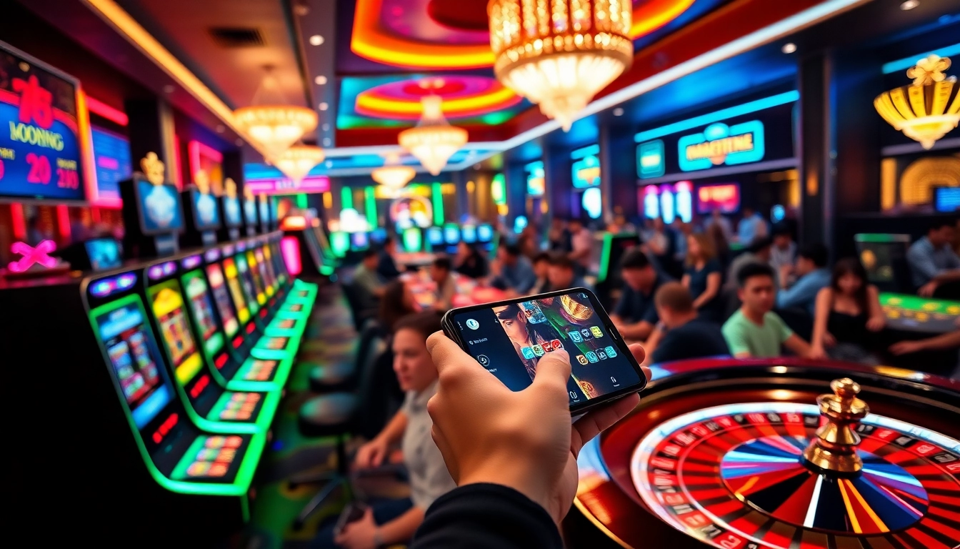 Tải App Nhà Cái 68VIP on mobile devices amidst an exciting casino setting with vibrant slot machines.