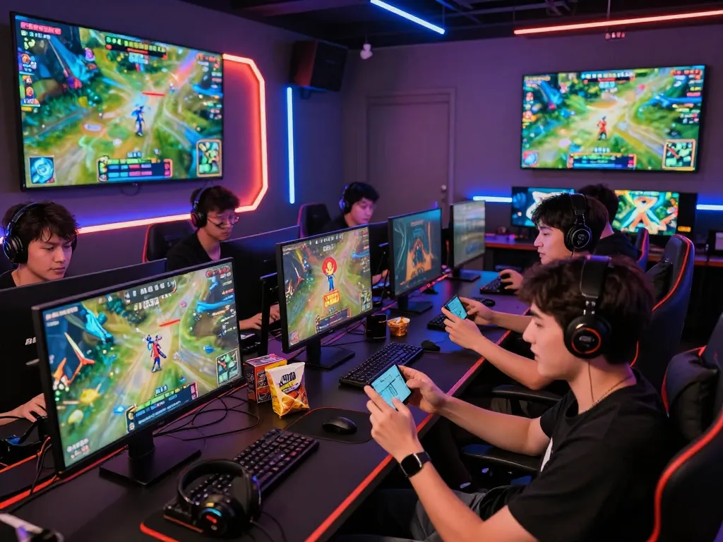 MAX98 gaming excitement in a vibrant digital lounge with players celebrating wins.