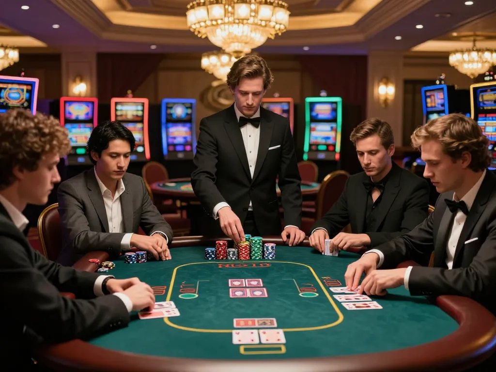 Twin68 poker players strategizing at a luxurious table in a high-stakes casino atmosphere.