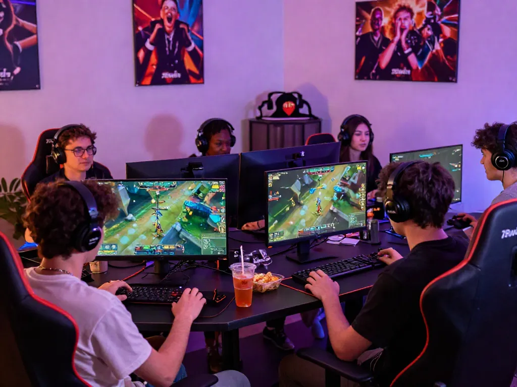 Players engaging in an exciting gaming session with 78win, showcasing vibrant setups and gaming accessories.
