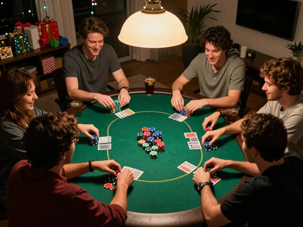 Players enjoying an exciting poker game night at home with keonhacaii88, showcasing chips, cards, and camaraderie