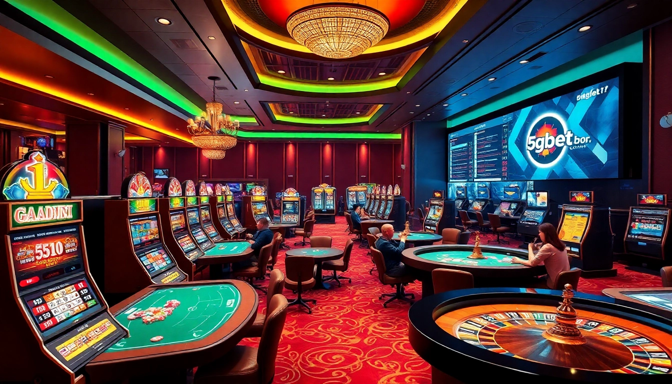 Exciting gambling scene at 5gbetbr.com.br showcasing vibrant slot machines and engaged players.