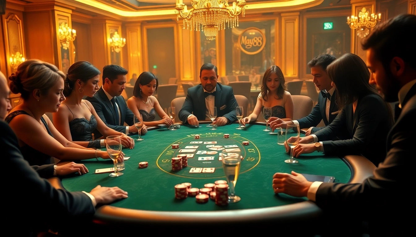 Engage in a thrilling poker game at may88, capturing the excitement of high-stakes gambling.