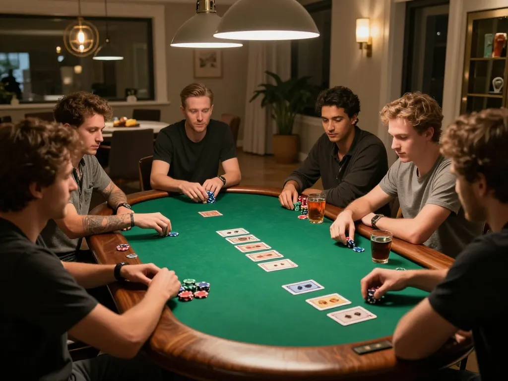 ww88 players engaging in a friendly poker game indoors, showcasing a strategic gambling atmosphere.