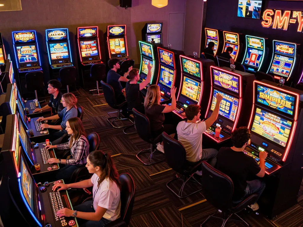 Players enjoying thrilling slot games at kp88 casino with vibrant lights and festive atmosphere.