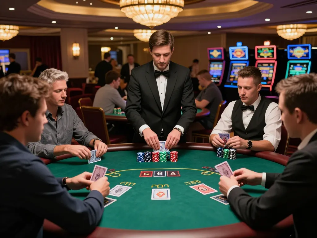 Players enjoying an engaging game at vu88 blackjack table with colorful chips and cards in hand.