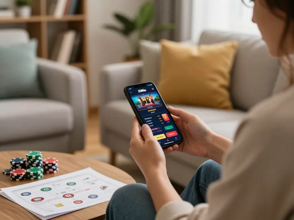 Engaged player using the 23Win app for online gaming, showcasing strategy notes and casino chips