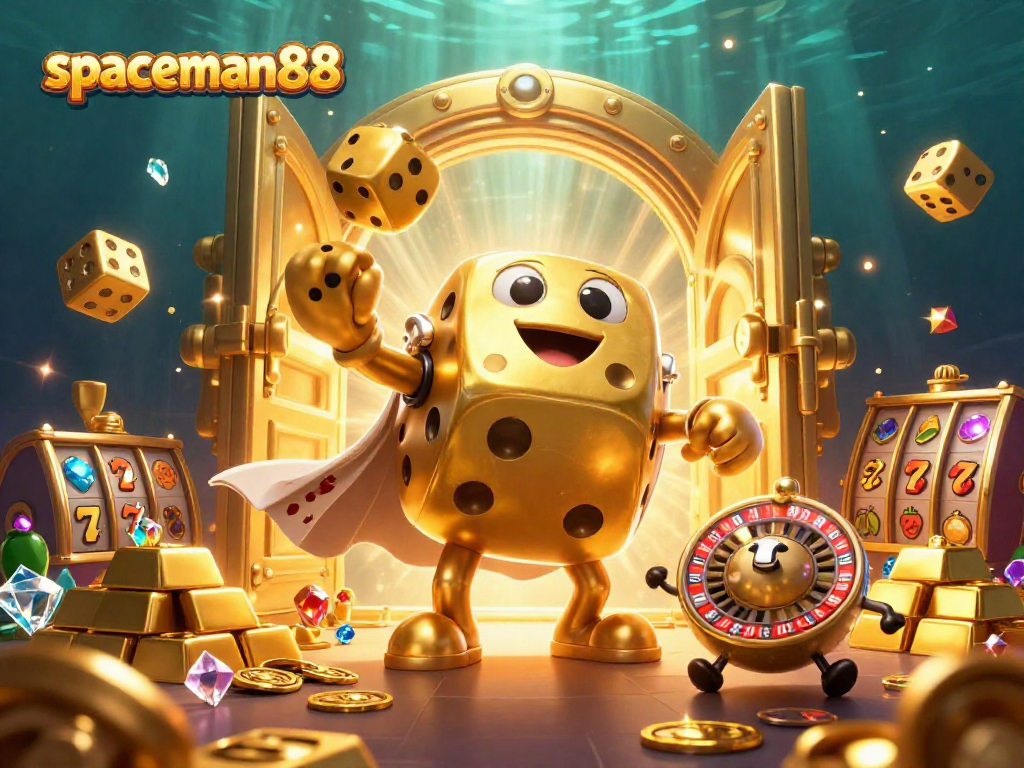 Play slots with excitement at spaceman88, featuring golden dice and vibrant casino elements.