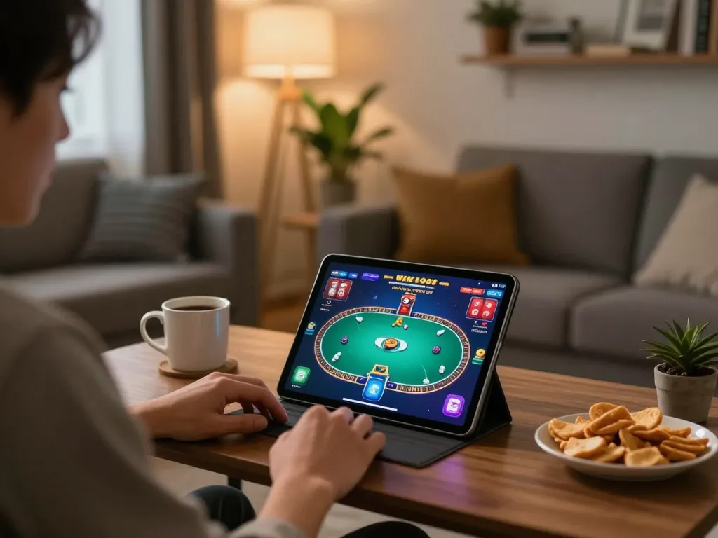 Player enjoying a strategic poker game on ee88 app with a cozy home setting.
