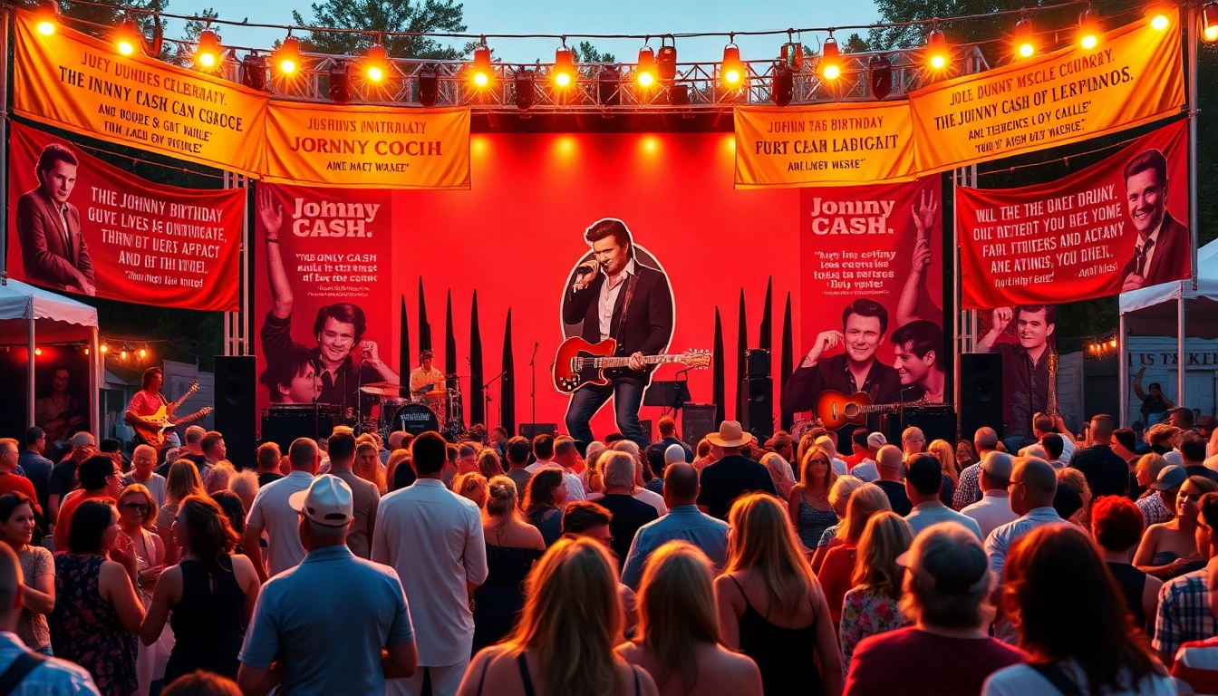 Joyful celebration scene at johnnycashbirthday.com event honoring the legacy of Johnny Cash.