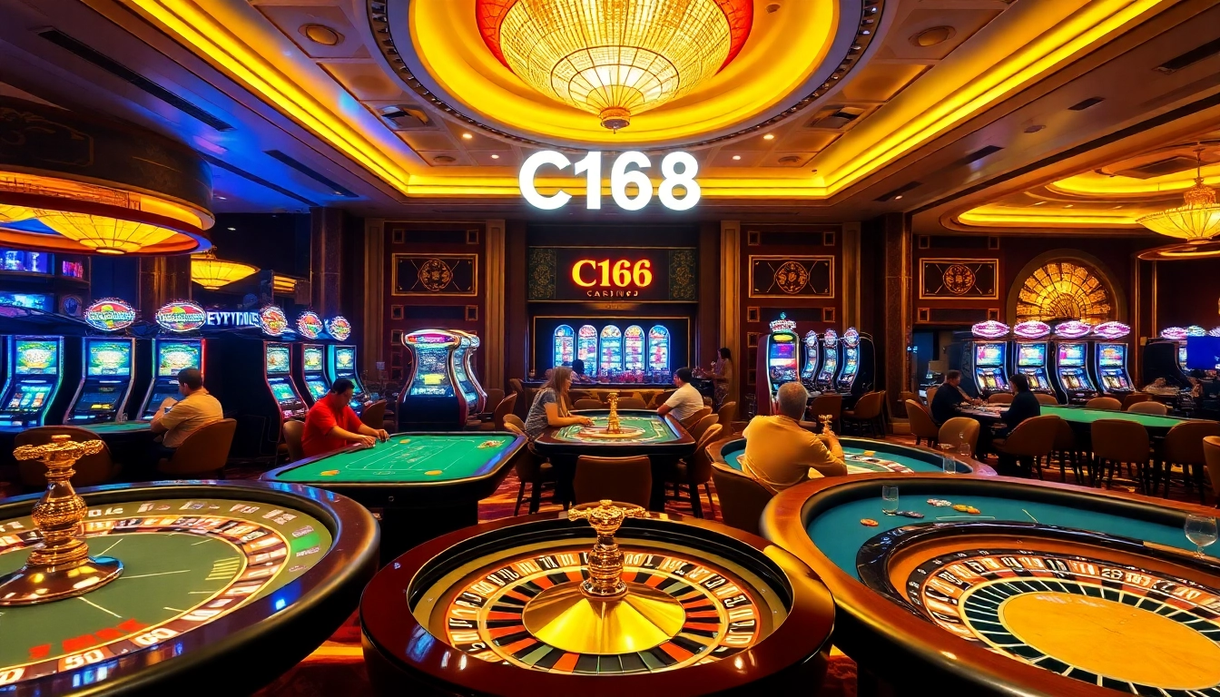 C168 Casino vibrant gaming scene showcasing poker tables and roulette wheels.