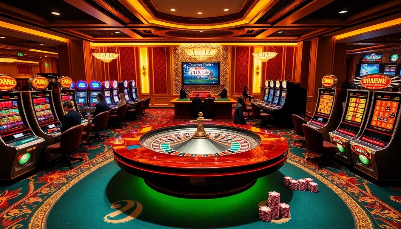 Experience thrilling games at VU88 – vibrant casino scene showcasing poker and roulette.