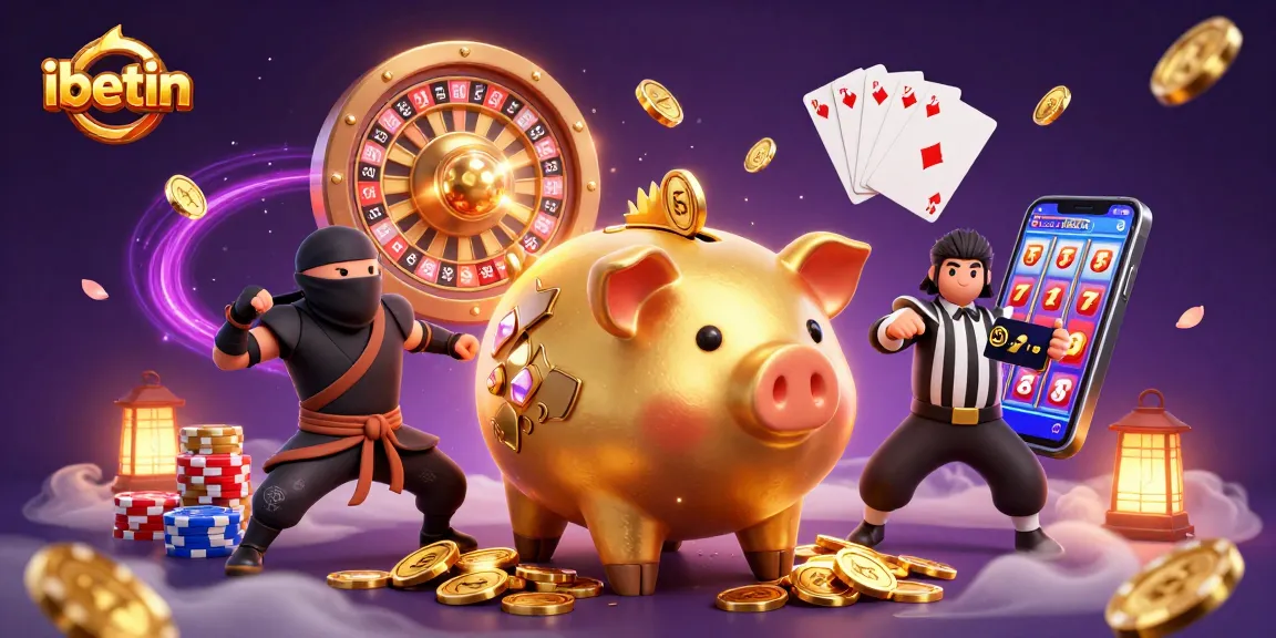 Ibetin's dynamic gaming scene features a sumo wrestler piggy bank and a ninja amidst golden coins and vibrant casino elements.