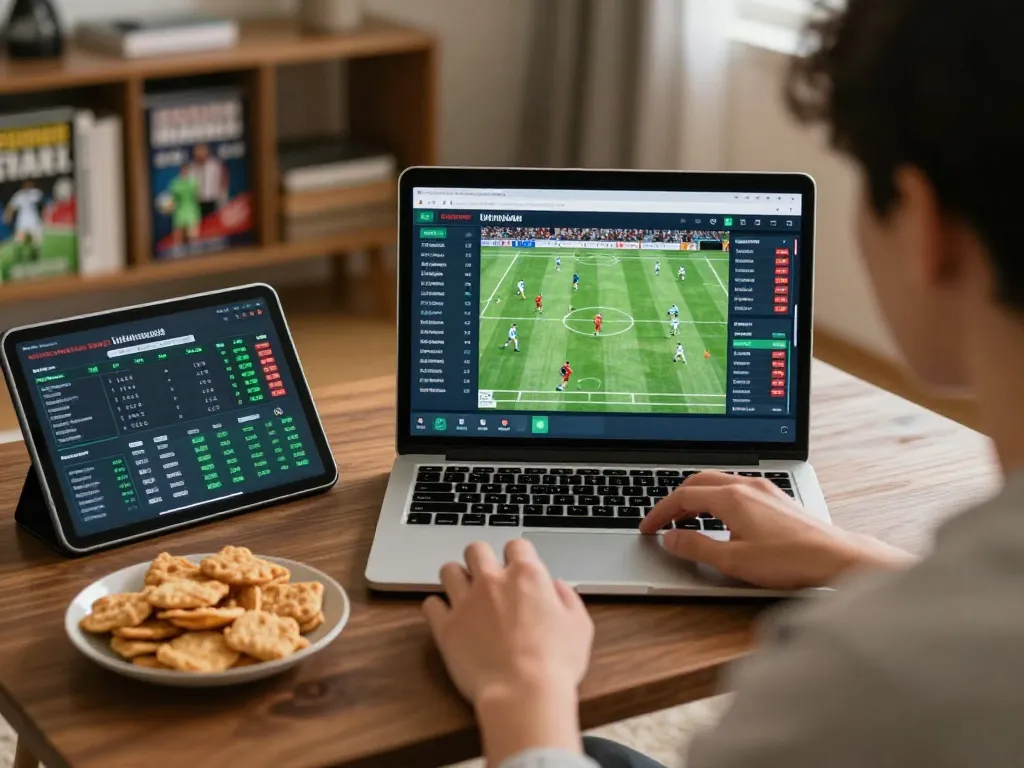 Engaged football fan using laptop for live sports betting on footballl.