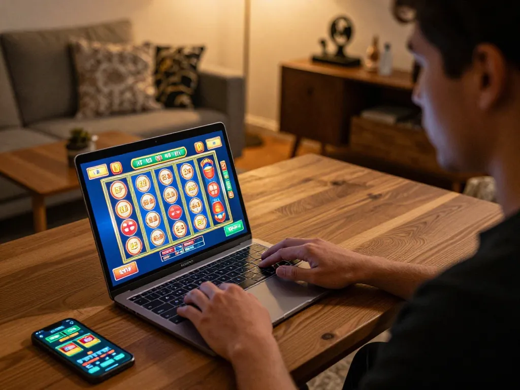 Player enjoying online games at home with 88clbgo slots displayed on a laptop screen