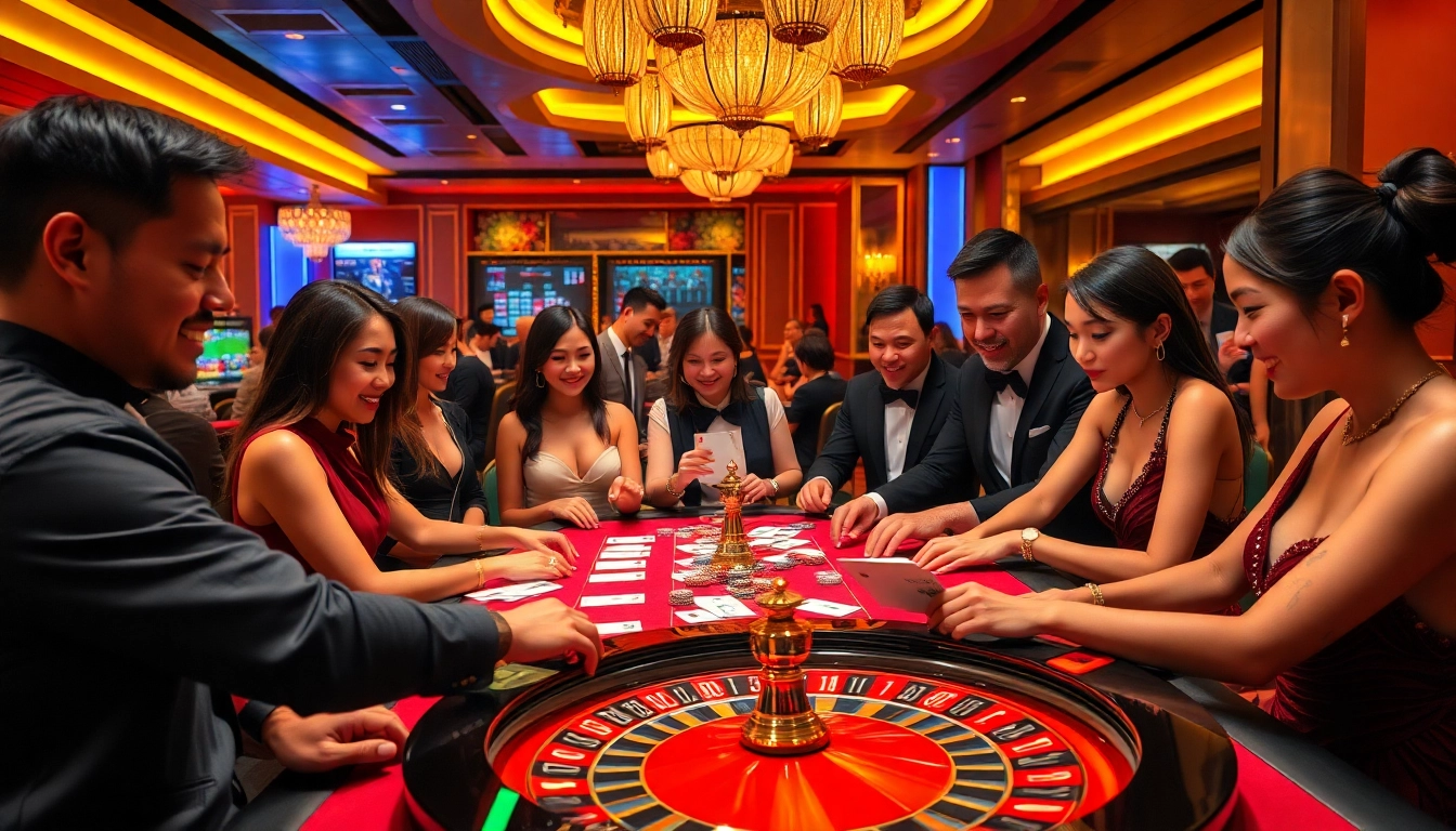 Players enjoying the thrill of KUWIN casino games at a vibrant table with cards and chips.