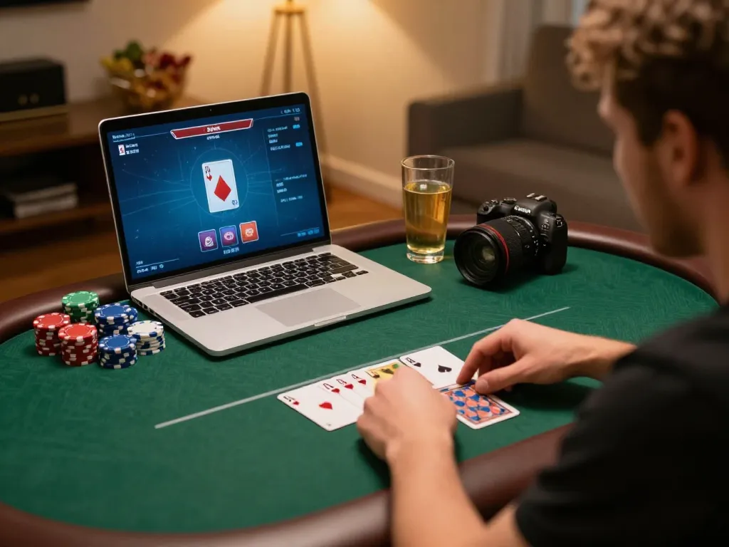 Player enjoying an intense poker game on luckywin platform with focused strategy in home environment.