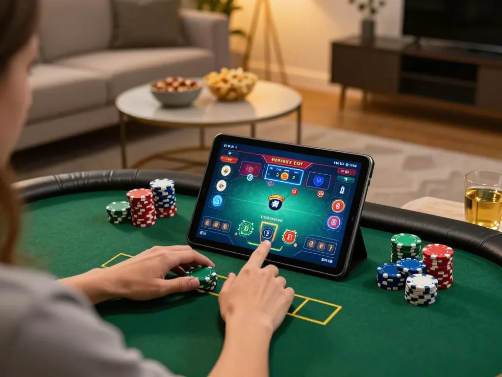 Experience the thrill of Game cm88 with exciting online poker gameplay on a tablet in a cozy home setting.