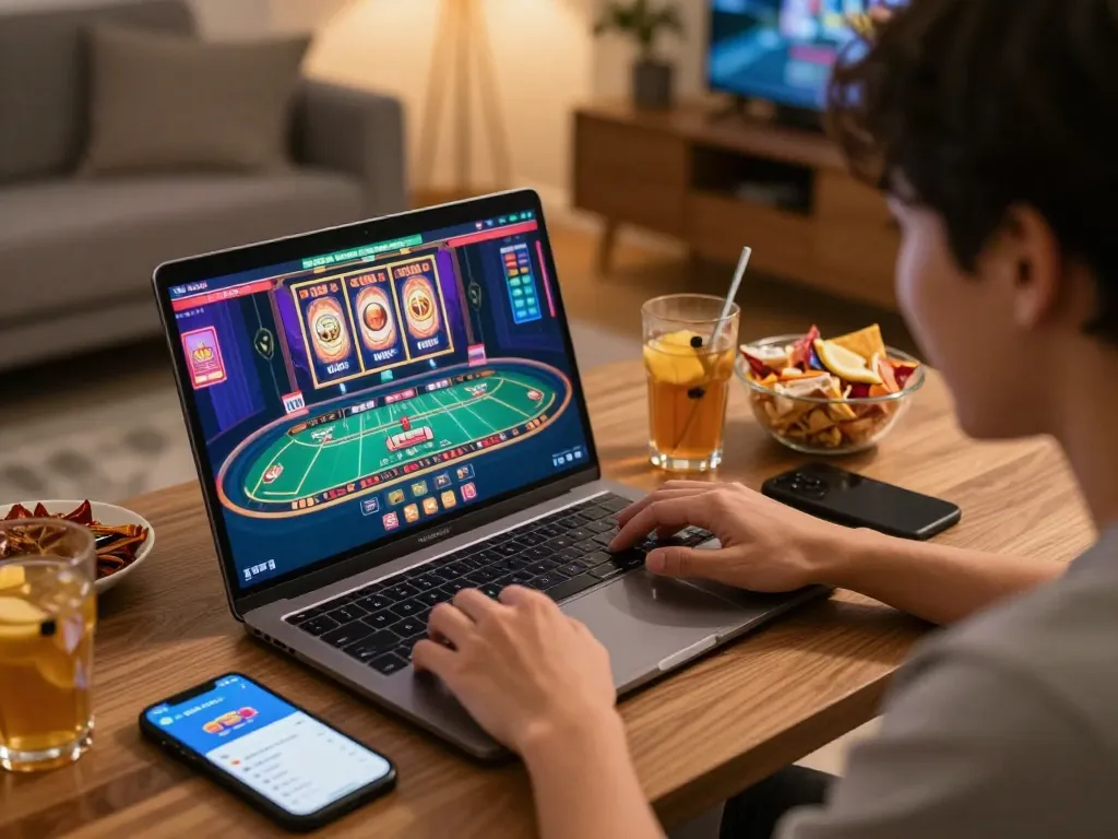 Player engaging with the 789club app on a laptop, enjoying a live dealer game in a cozy setup